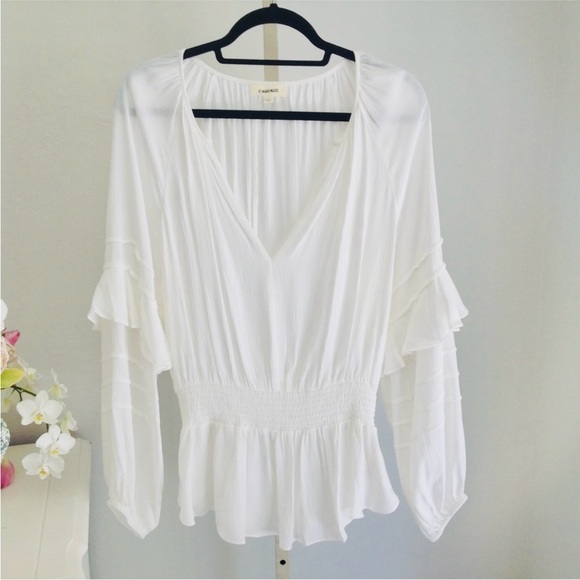 L’Agence White Gauze Brigitta Long Sleeve Ruffle Smocked Waist Split Neck Top, L - Picture 1 of 5